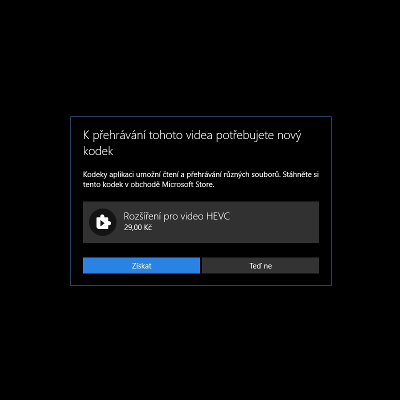 Chybějící kodek HEVC H.265